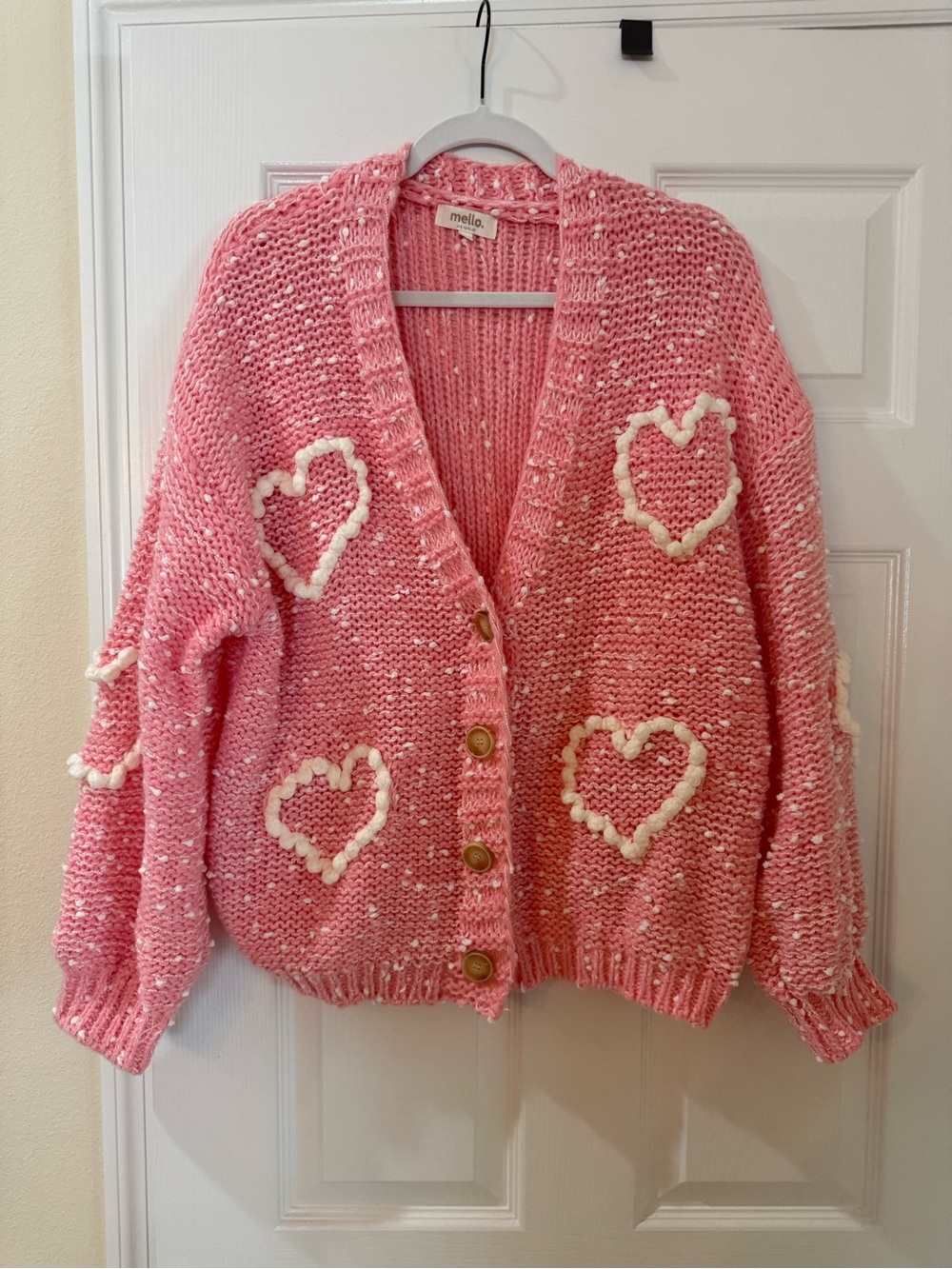 Mello Pink Heart-Appliqué Chunky Button Cardigan